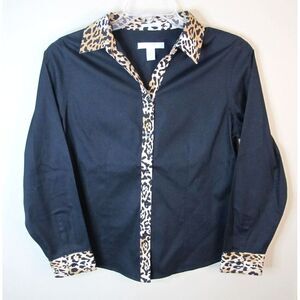 Chico's Women's Size 1 Black Long Sleeve Button‎ Down Cotton Blouse Leopard Trim